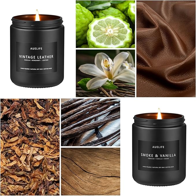 2 Pack Men Candles | Smoke & Vanilla + Vintage Leather - Scented Candles for Men - Masculines Candle - Soy Candle for Home Scented, Man Gifts, Black Jar - 7oz-CasaMuseHome