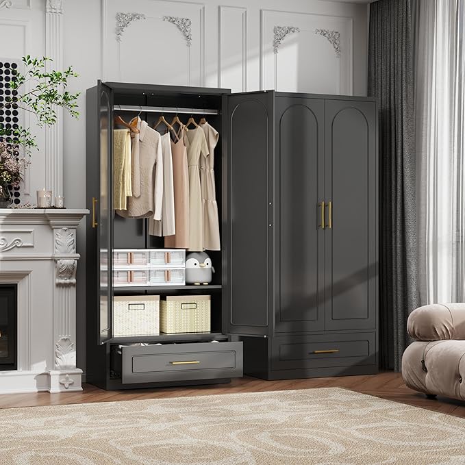 71" Metal Armoire Wardrobe Closet with 2 Doors and Drawer, Tall Wardrobe Cabinet with Hanging Rod and Adjustable Shelves, Black Clothing Storage Cabinets for Bedroom, Home Office-CasaMuseHome