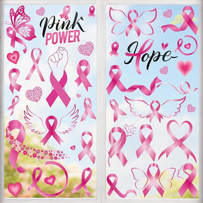 9 Sheets Breast Cancer Awareness Window Clings, 77 Kinds of Pink Window PVC Stickers for Pink Ribbon Decorations, Hope Fight Cancer Theme Windows Decals for Glass Home Decor Supplies-CasaMuseHome