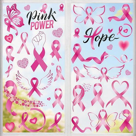 9 Sheets Breast Cancer Awareness Window Clings, 77 Kinds of Pink Window PVC Stickers for Pink Ribbon Decorations, Hope Fight Cancer Theme Windows Decals for Glass Home Decor Supplies-CasaMuseHome