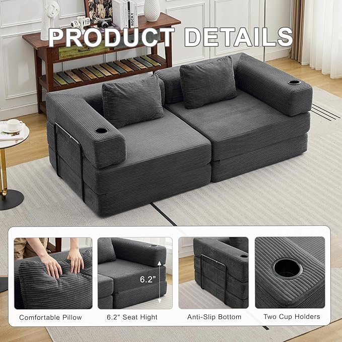 78" W Loveseat Sofa, 4 in 1 Convertible Floor Sofa Bed, Boneless Cloud Couch with Cup Holder, Fold Out Floor Couch, Loveseat Recliner Sleeper for Living Room Bedroom Lounge(Corduroy, White)-CasaMuseHome