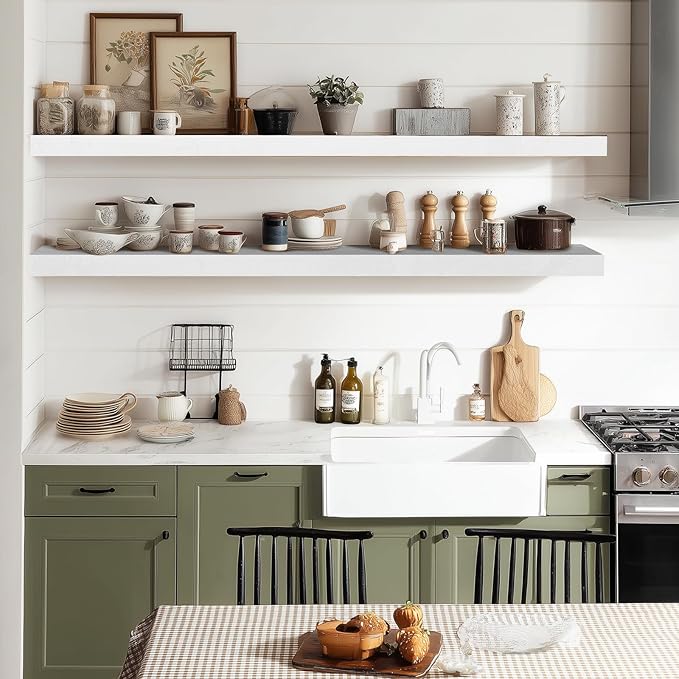 36"x6.8"x1.2" Solid Wood Floating Shelves 2-Pack - Rustic White Finish with Hidden Brackets, Perfect for Storage and Décor in Living Room, Kitchen, Bedroom-CasaMuseHome