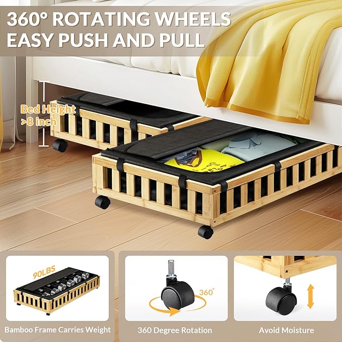 2 Pack Bamboo Under Bed Storage with Wheels, 39”x20”x7.8” Lager Under Bed Storage Containers (Natural)-CasaMuseHome