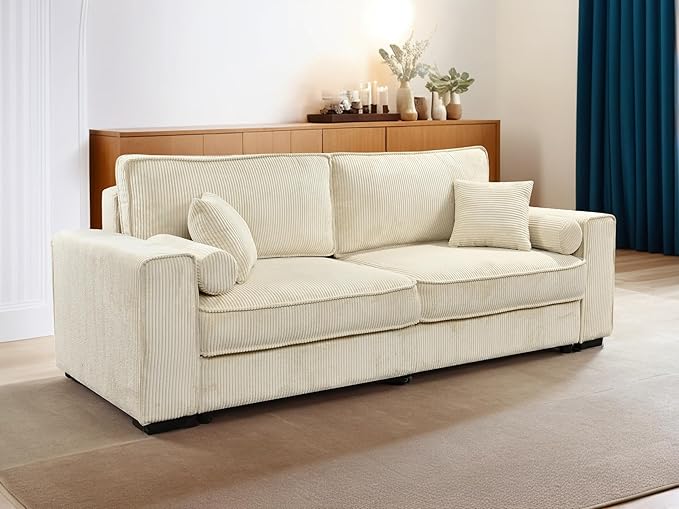 91-Inch Corduroy Pull Out Couch with Storage, Convertible Queen Sleeper Sofa with Pull Out Bed, Hide a Bed Couches for Bedroom, Guest Room, Apartment, Small Places, RV (Beige)-CasaMuseHome