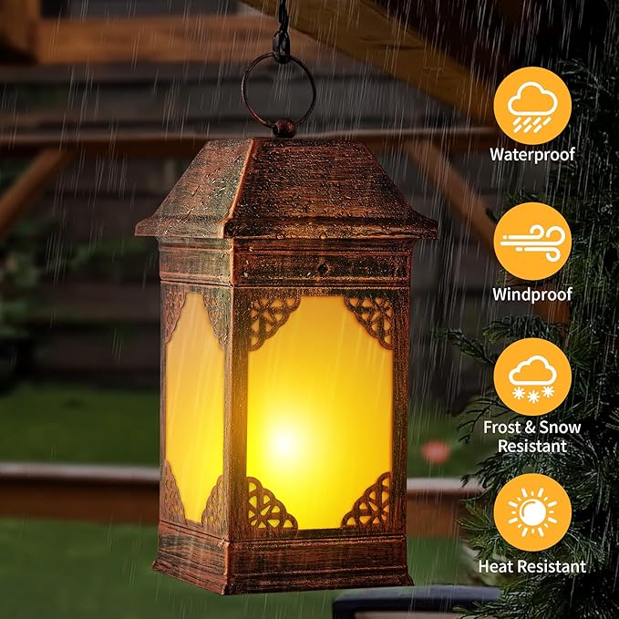 14" Solar Lanterns Outdoor Waterproof, Glass Flickering Flame Solar Lantern, Hanging Metal Lantern Decorative for Patio Front Porch Garden Backyard Tabletop Party Decoration-CasaMuseHome