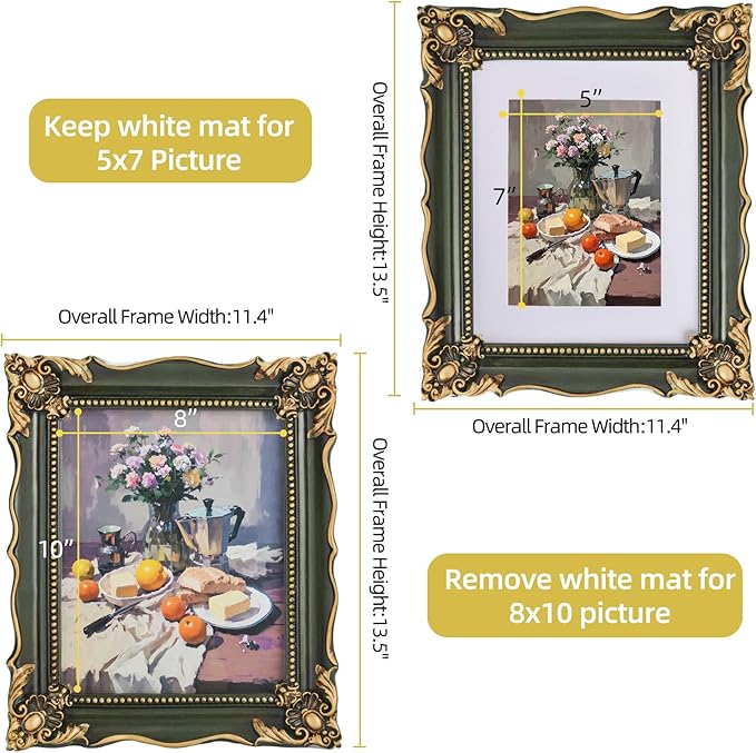 8x10 Vintage Picture Frame with Embossed Flower Design, Green Ornate Frame for 8x10 or 5x7 Pictures with White Mat, Hand-Crafted Resin Antique Frames for Tabletop & Wall Hanging, Home Decor (Green )-CasaMuseHome