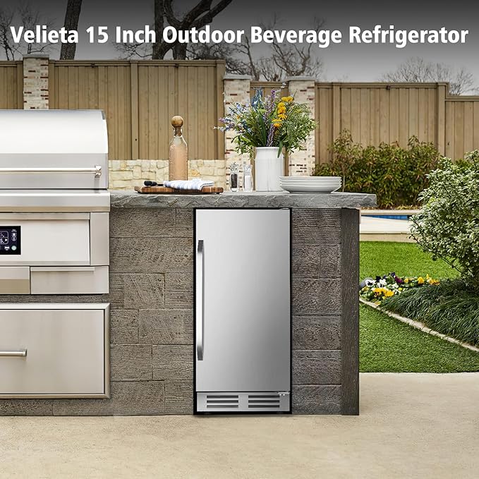 15 Inch Outdoor Beverage Refrigerator Cooler,Stainless Steel 127 Cans Beverage Fridge with French Door Under Counter Built-in or Freestanding, Perfect for Beer, Cola-CasaMuseHome
