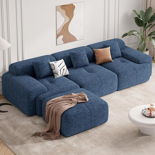 122" Modern L Shaped Modular Sectional Sofa, Boneless Couches for Living Room with Ottoman,4 Seater Convertible Chenille Cloud Couch Sofa Set, No Assembly Required, Blue 1 PCS-CasaMuseHome