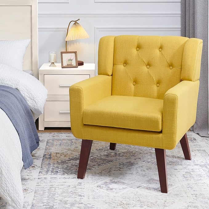Accent Chair Button-Tufted Upholstered Living Room Chairs Comfy Reading Chair Mid Century Modern Chair with Linen Fabric Lounge Arm Chairs for Living Room Bedroom (Yellow)-CasaMuseHome