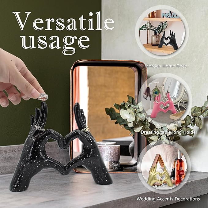 Accessoryway Black Heart Hands Decor Sculpture,Small Love Finger Gesture Decorative Sculpture for Wedding Dresser Shelves Desktop Knick Knacks Home Decor & Ring-Holder Display Stand-CasaMuseHome