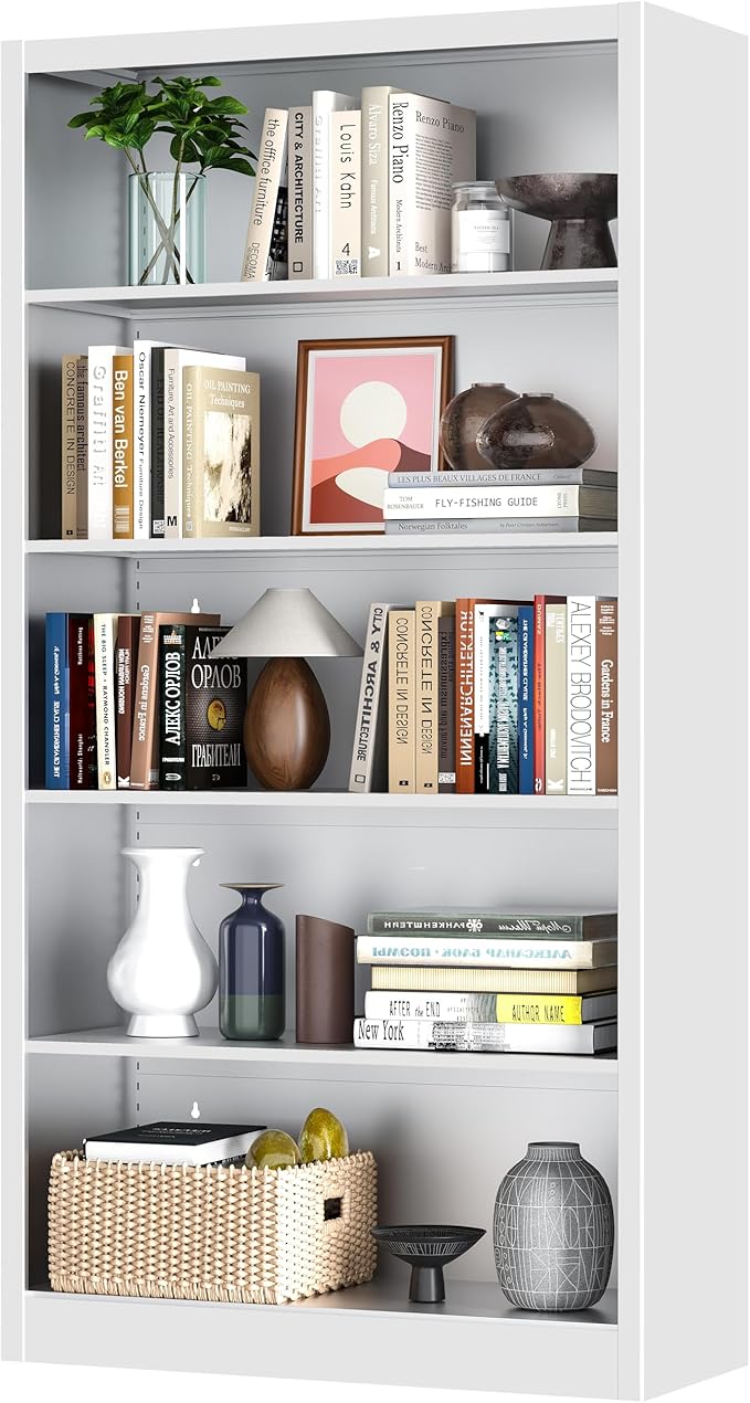 66" Tall Metal Bookcase, 5 Shelf White Bookcase with Adjustable Shelves, Large Bookshelves and Bookcases, Modern Book Shelf Storage Organizer for Living Room, Home Office, Library-CasaMuseHome