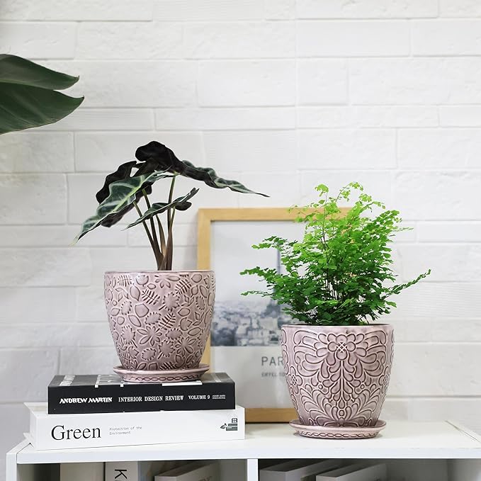 6 Inch Retro Ceramic Planter Set of 2 with Drainage Hole and Saucer for Plants, Indoor-Outdoor Garden Pots for Succulent, Orchid, and Flower (Fits Inner Pots Up to 5 Inches, Retro Peach)-CasaMuseHome