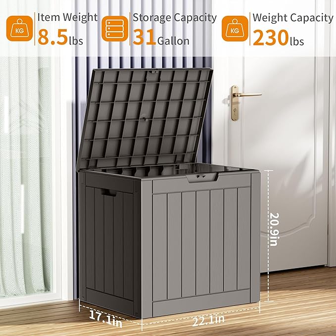 31 Gallon Resin Deck Box, Lockable Patio Outdoor Storage Box for Furniture, Garden Tools and Tools Storage, Waterproof Outside Storage Boxes - Grey-CasaMuseHome