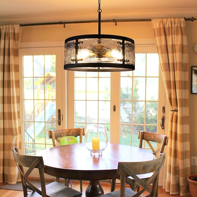 20" Farmhouse Round Black Chandelier, 5-Light Rustic Dining Room Light Fixtures Over Table, Industrial Glass Chandeliers for Dining Kitchen Living Room, Clear Waterglass Drum Shade-CasaMuseHome