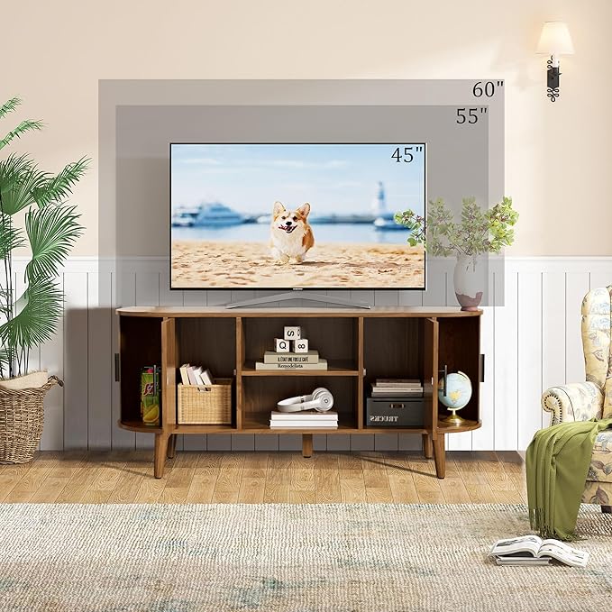 51" Fluted TV Stand, Mid-Century Modern Entertainment Center for Tvs up to 60" with Drawers and Fluted Doors, Curved TV Media Console Table with Sliding Doors for Living Room, Bedroom (51")-CasaMuseHome