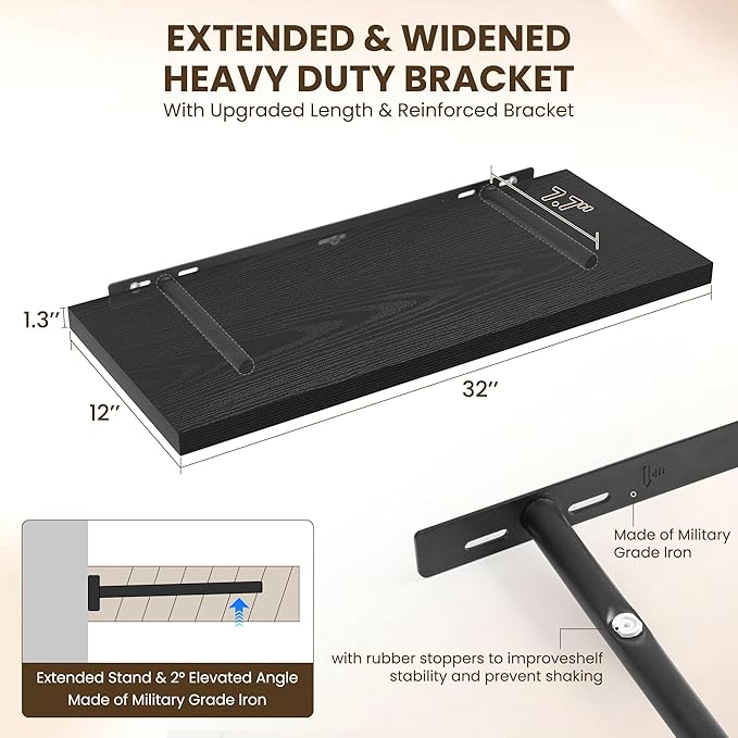 32" Floating Shelves for Wall, 12" Deep Slim Black Floating Shelves, Wall-Mounted Shelves for Bedroom, Living Room, Kitchen, Bathroom - Set of 2-CasaMuseHome