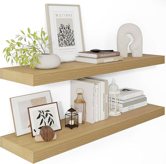 12 Inch Deep Floating Shelves 36 inch Long, 36 x 12 Wide Wall Shelves with Invisible Brackets, Heavy Duty Shelf for Bedroom Bathroom Living Room Kitchen Office Home Decor, Modern Shelf Set of 2, Oak-CasaMuseHome