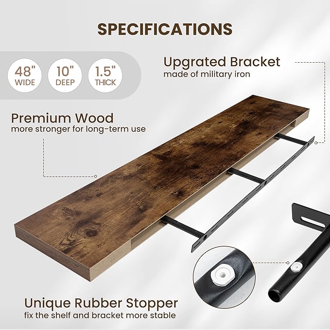 48 Inch Floating Shelves for Wall - 10 Inch Deep Fireplace Mantel Shelf - Wood Floating Shelves for Wall - Large Storage Shelves Wall Mount for Living Room & Bedroom - Rustic Brown - Set of 1-CasaMuseHome