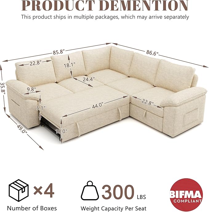 85 Inch Sectional Sleeper Sofa with Pull Out Bed,L Shaped 5 Seat Modular Sectional Sofa with Storage,Sectional Couches for Living Room,Cloud Modular Couch,Removable Sofa Cover,Beige-CasaMuseHome
