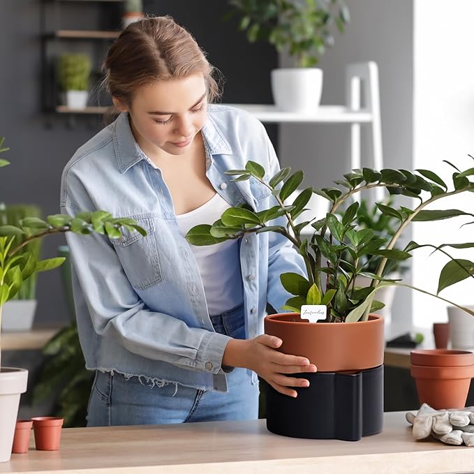 8 Inch Self-Watering Planter Pot with Terracotta Insert, Deep Water Reservoir, and Ceramic-Alike BPA-Free Plastic Planter Pot for Plant, Modern Planter for Houseplants, Black/Terracotta, 53-B-T-5-CasaMuseHome