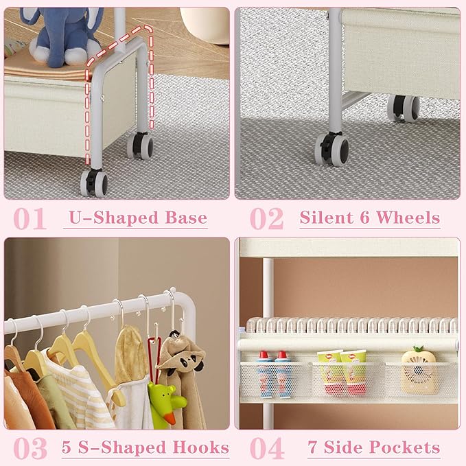 2in1 Baby Diaper Caddy & Clothes Organizer and Storage Rolling Cart, Large Capacity Nursery Organization For Baby Dresser,Changing Table, Crib, With 2 Dividers & 7 Pockets,White-CasaMuseHome
