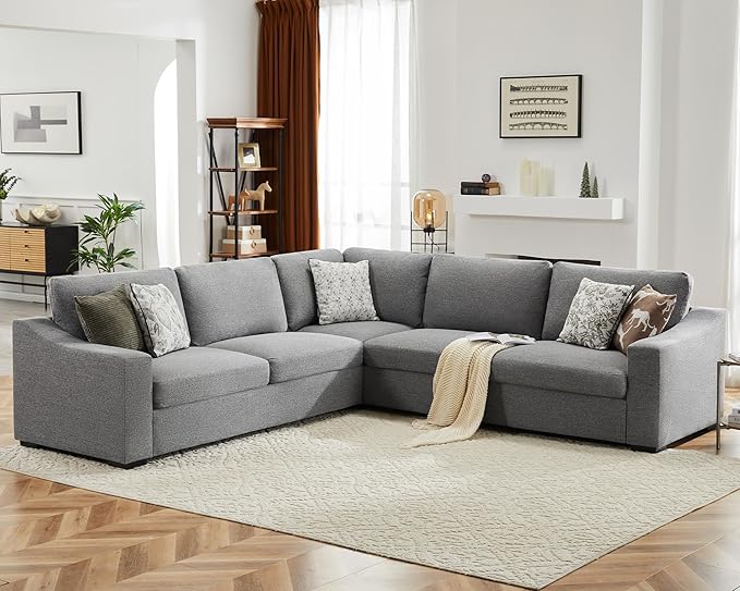 112" L Shaped Sectional Sofa with Detachable Sofa Cover, Reversible Sectional Modular Couch for Living Room, Linen Fabric Corner Couch with 7 Seats, Grey-CasaMuseHome