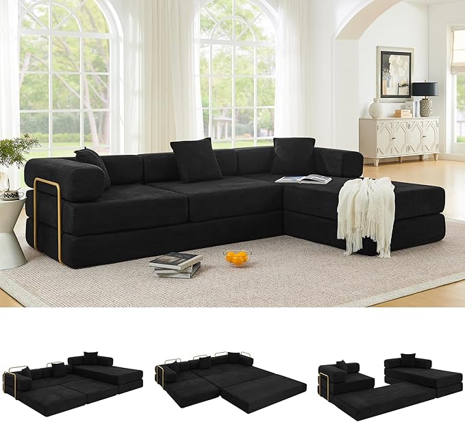 108" Oversized Convertible Sleeper Sofa Bed, Corduroy L Shape Sectional Couch, Folding Sofa Bed with Side Pocket, Modern Cloud Floor Mattress Couch, Modular Sofa for Living Room, Black-CasaMuseHome