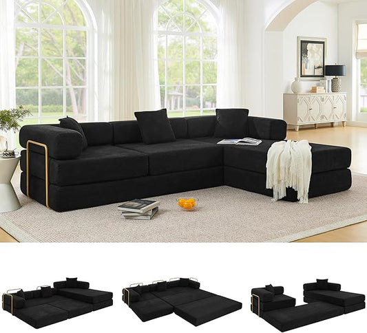 108" Oversized Convertible Sleeper Sofa Bed, Corduroy L Shape Sectional Couch, Folding Sofa Bed with Side Pocket, Modern Cloud Floor Mattress Couch, Modular Sofa for Living Room, Black-CasaMuseHome