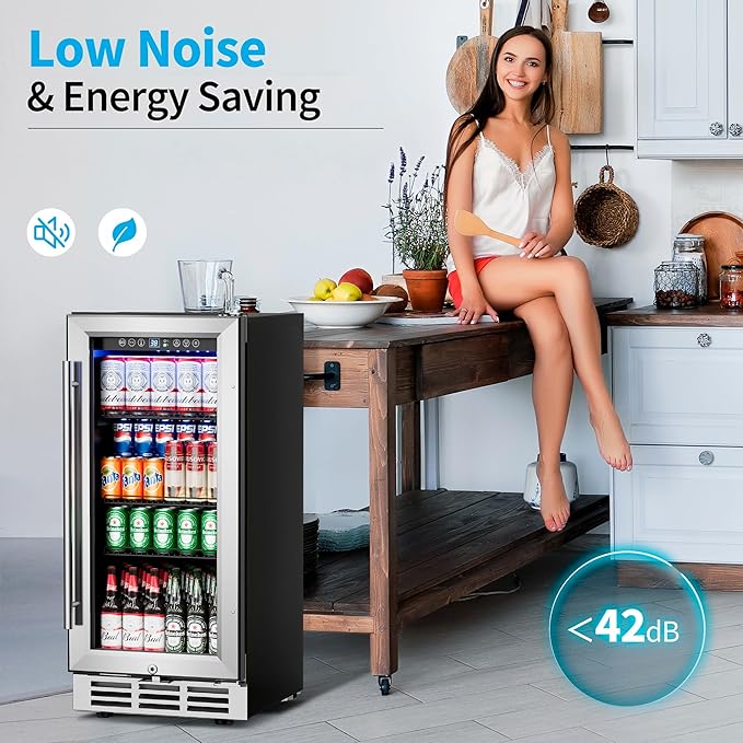 15 Inch Beverage Refrigerator Under Counter - 126 Cans Beverage Fridge with Glass Door for Beer Wine Soda - Built-in or Freestanding Wine Cooler with Safety Lock for Home Kitchen Bar-CasaMuseHome