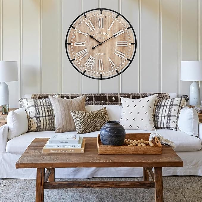 24 Inch Grand Farmhouse Wall Clock, Vintage-Inspired Wood & Metal Design with Large Etched Numbers, Silent Battery-Powered Timepiece for Offices, Kitchens, Bedrooms, and Living Rooms-CasaMuseHome