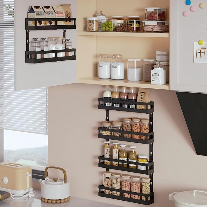 4-Tier Small Wall Mounted Spice Rack Organizer, Hanging Spice Shelf for Cabinet or Pantry, Height-Adjustable Seasoning Holder for Kitchen Storage, Black-CasaMuseHome