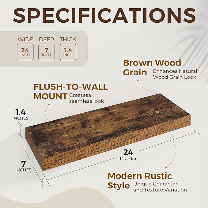 24 inch Floating Shelves Long Floating Shelves for Wall Large Wall Mounted Shelves with Invisible Brackets, Brown Shelves for Bathroom, Living Room, Kitchen, Office, 24x6.7 inch deep Set of 2-CasaMuseHome