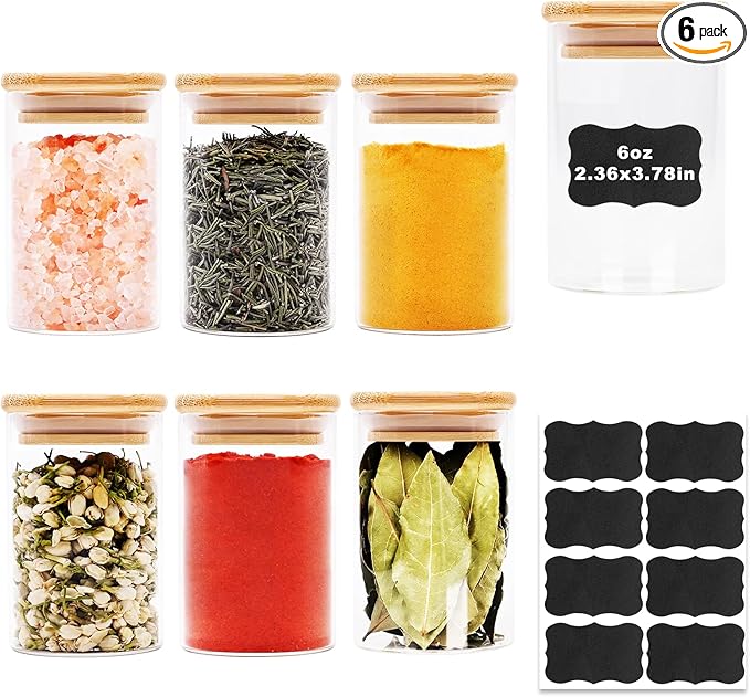 6oz Glass Food Storage Jars, Glass Jars with Bamboo Lids, Kitchen Storage Jars, Set of 6, Canisters with Airtight Lids for Spice, Coffee, Cookie, Pantry Organizers-CasaMuseHome