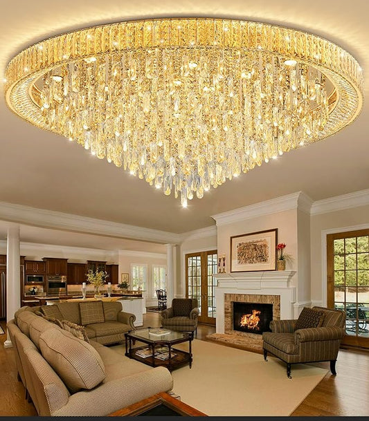 53.7'' Modern Crystal Big Large Chandeliers LED Dimmable Flush Mount Ceiling Chandeliers for Living Room High Ceiling Entrance Foyer Lobby Bedroom Gold-CasaMuseHome