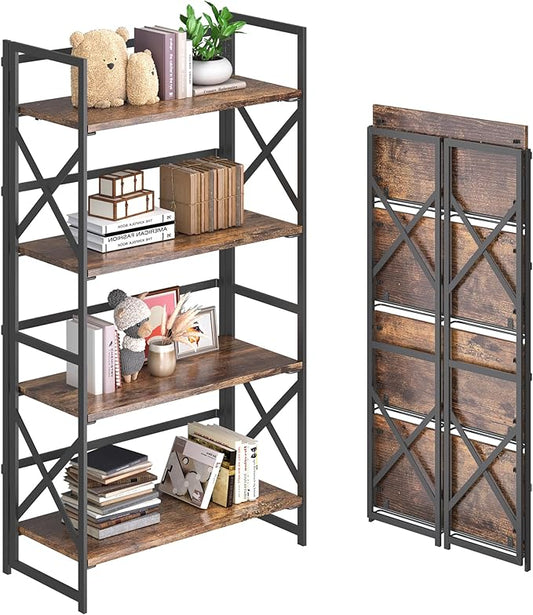4NM 4 Tiers No Assembly Book Shelves, 41.3" H Folding Bookshelf Bookcase Open Industrial Foldable Shelves for Bedroom, Living Room, Home Office - Rustic Brown Black-CasaMuseHome