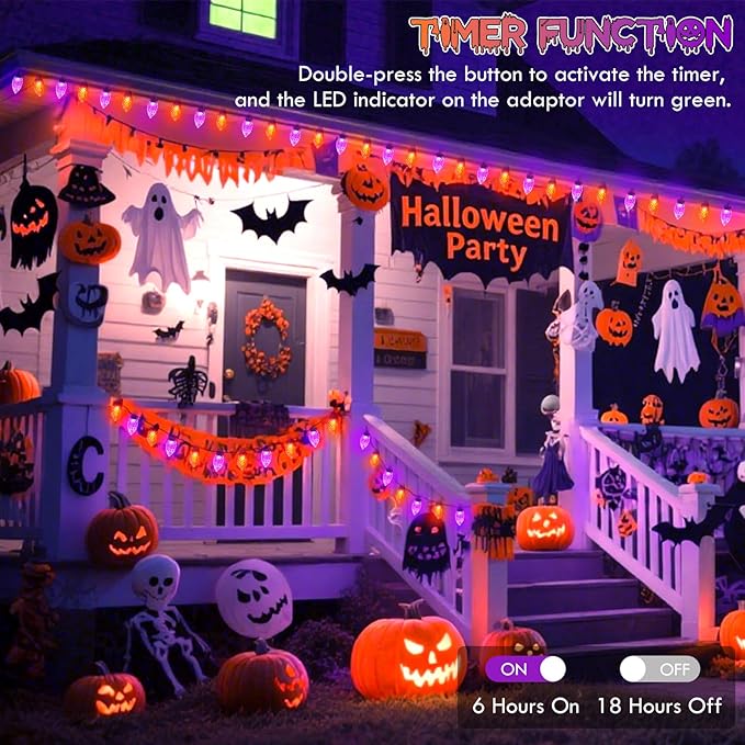 2PK 100 LED Purple and Orange C9 Halloween Lights Indoor Outdoor, Extendable 98FT C9 String Lights with 13 Modes & Timer, Waterproof Plug in Halloween Decorations for Tree Patio Fall Party Garden-CasaMuseHome