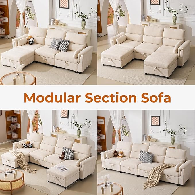 132'' Oversized Modular Sectional Sofa, U Shaped Comfy Sectional Couch with Large Storage, 6 Seat Chenille Deep Seat Cloud Sofa with 2 Throw Pillows for Living Room,Beige-CasaMuseHome