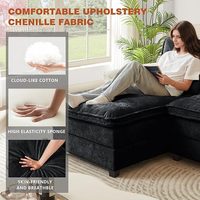 113" Oversized Cloud Couch, U Shape Sectional 4 Seat Sofa with Double Chaises, 2 Layer Cusions, Deep Seat Comfy Sofa, Upholstery Chenille Fabric for Living Room, Black-CasaMuseHome