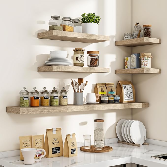 16 Inch Floating Shelves, 3D Textured Wood Grain, 16"x9.25"x1.5" Inch Deep Floating Shelves for Wall, Wooden Shelves for Bathroom, Bedroom, Living Room, Vintage White Oak-CasaMuseHome