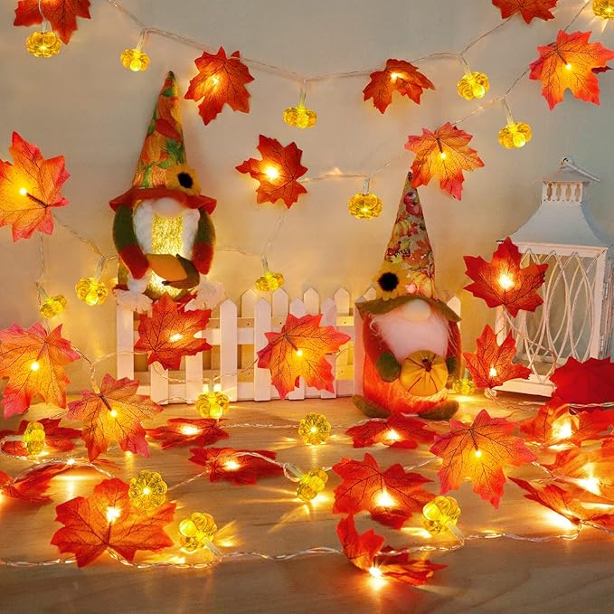2 Pack & Timer - Fall Garland with Pumpkin Lights Halloween Fall Decor for Home 60LED 20Ft Enlarged Maples Leaves Halloween Garland Lights Indoor Battery Operated Thanksgiving Decor Wedding Christmas-CasaMuseHome