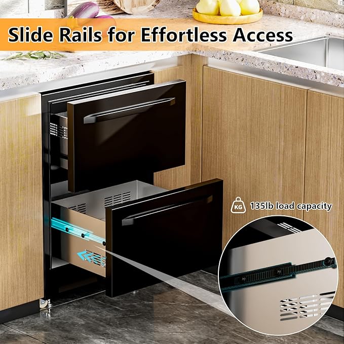 24 Inch Under Counter Dual Drawer Beverage Fridge, Weather Proof Outdoor Beverage Refrigerator for Patio, Stainless Steel Built-in Beverage Cooler for Home & Commercial Use, Black-CasaMuseHome