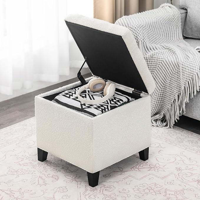 Adeco 18 Inch High Cube Ottoman Storage, Linen Chair Foot Stools, Upholstered Vanity Stool with Hinged Lid, Solid Wood Legs (White Circle Yarn)-CasaMuseHome