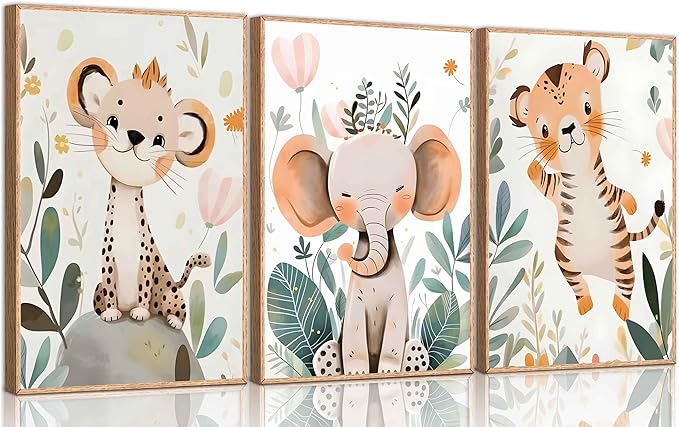 3 Pcs Safari Animals Nursery Canvas Wall Art Jungle Animals Cheetah Elephant Tiger Kids Room Illustration Pictures Wall Decor Posters Print Artwork for Classroom Boy's Girl's Room Bedroom-CasaMuseHome