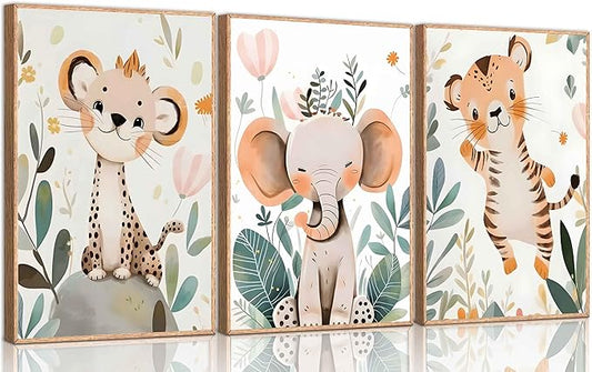 3 Pcs Safari Animals Nursery Canvas Wall Art Jungle Animals Cheetah Elephant Tiger Kids Room Illustration Pictures Wall Decor Posters Print Artwork for Classroom Boy's Girl's Room Bedroom-CasaMuseHome