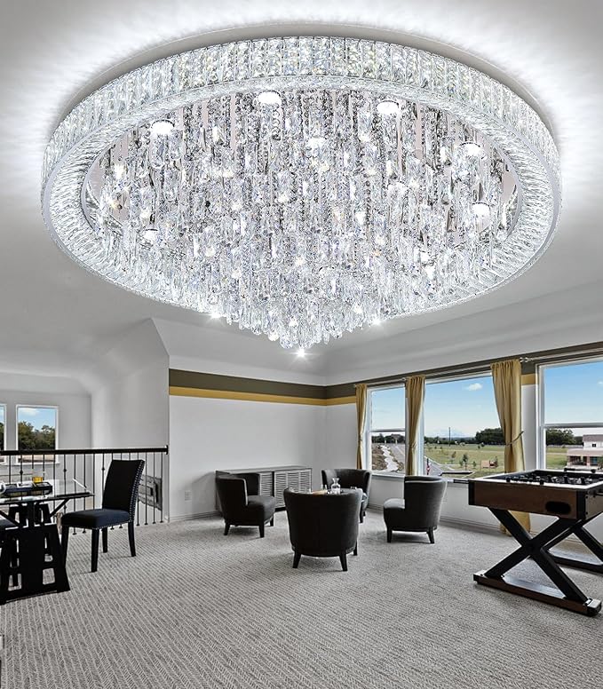 47'' Modern Chandeliers LED Dimmable Crystal Flush Mount Ceiling Chandeliers for Living Room High Ceiling Entrance Foyer Lobby Bedroom Silver-CasaMuseHome