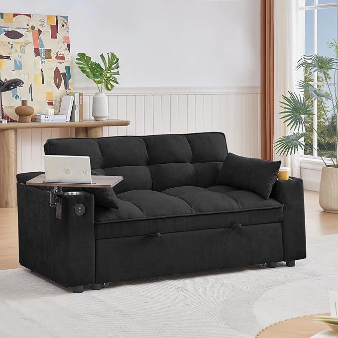 65'' 3-in-1 Folding Convertible Sofa Bed, Pullout Sofa, Modern Chenille Fabric, 360° Swivel Side Table, Easy Assembly, Perfect for Living Room, Black-CasaMuseHome