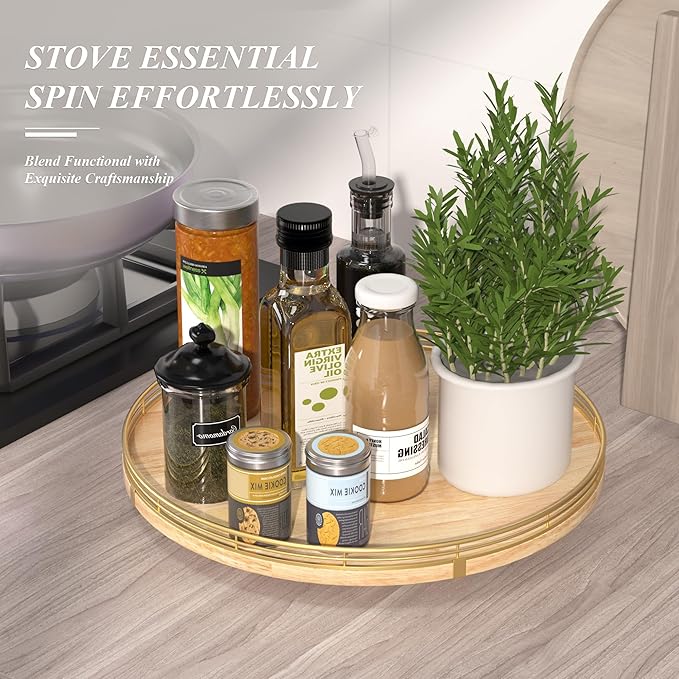 16 Inch Rustic Lazy Susan Turntable – Solid Oak & Iron Wood Rotating Tray for Dining Table, Kitchen Counter, Coffee Table – Farmhouse Style Large Wooden Lazy Susan Organizer for Home Décor-CasaMuseHome