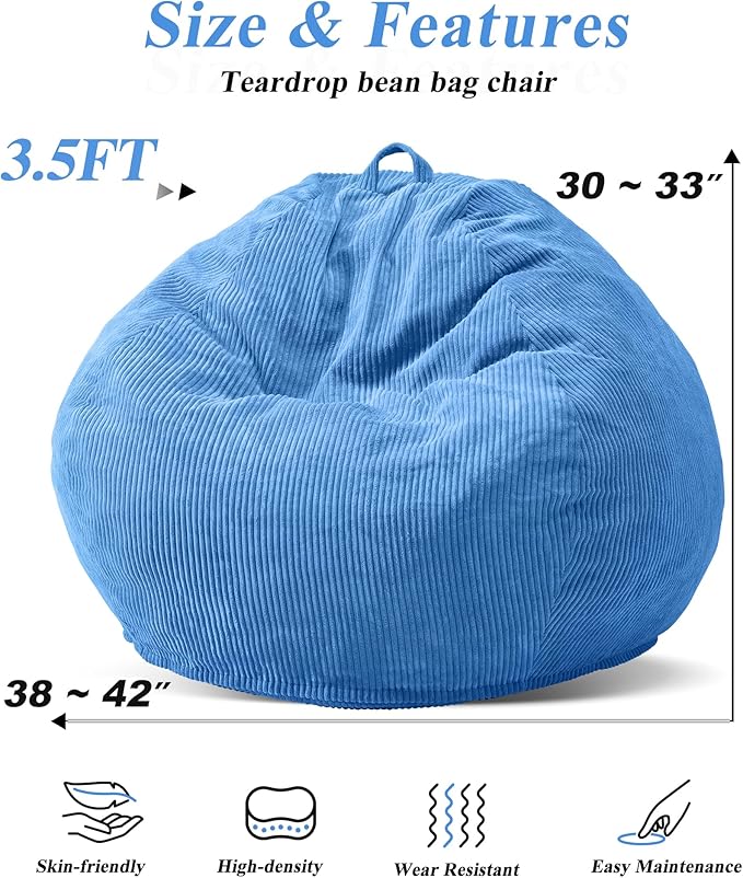 3.5FT Bean Bag Chairs Teardrop Bean Bag Chair for Adults Beanbag Chair with Memory Foam Filled Machine Washable Cover for Living Room, Bedroom (Large,Blue)-CasaMuseHome