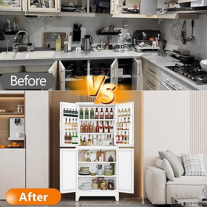 74.8" Tall Metal Food Cabinet, White Kitchen Pantry Cabinet, Storage Cabinets with 4 Door and 4 Adjustable Shelves, Steel Freestanding Cupboard for Kitchen Dining Room Living Room Bathroom-CasaMuseHome