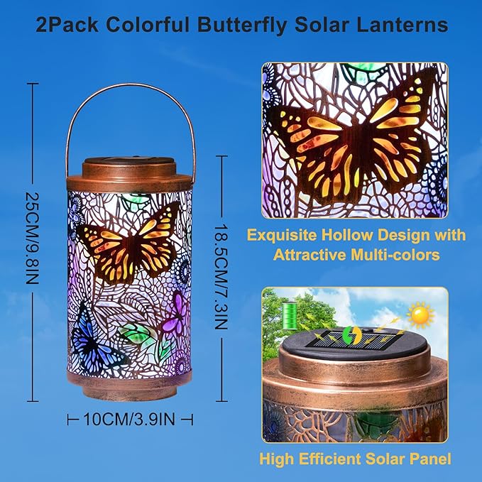 2Pack Solar Lanterns Outdoor Waterproof Colorful Butterfly Garden Gifts for Women, Multicolor Solar Outside Lights Patio Lantern for Yard, Backyard, Porch, Mothers Day Gifts for Mom Grandma Wife-CasaMuseHome